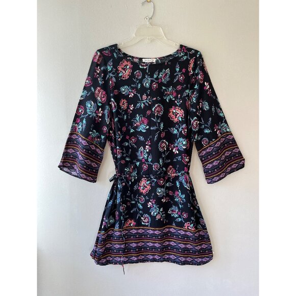 beachlunchlounge Dresses & Skirts - Sz S Pullover Black Floral Midi Dress Casual Boho Chic Loose Fit Belted